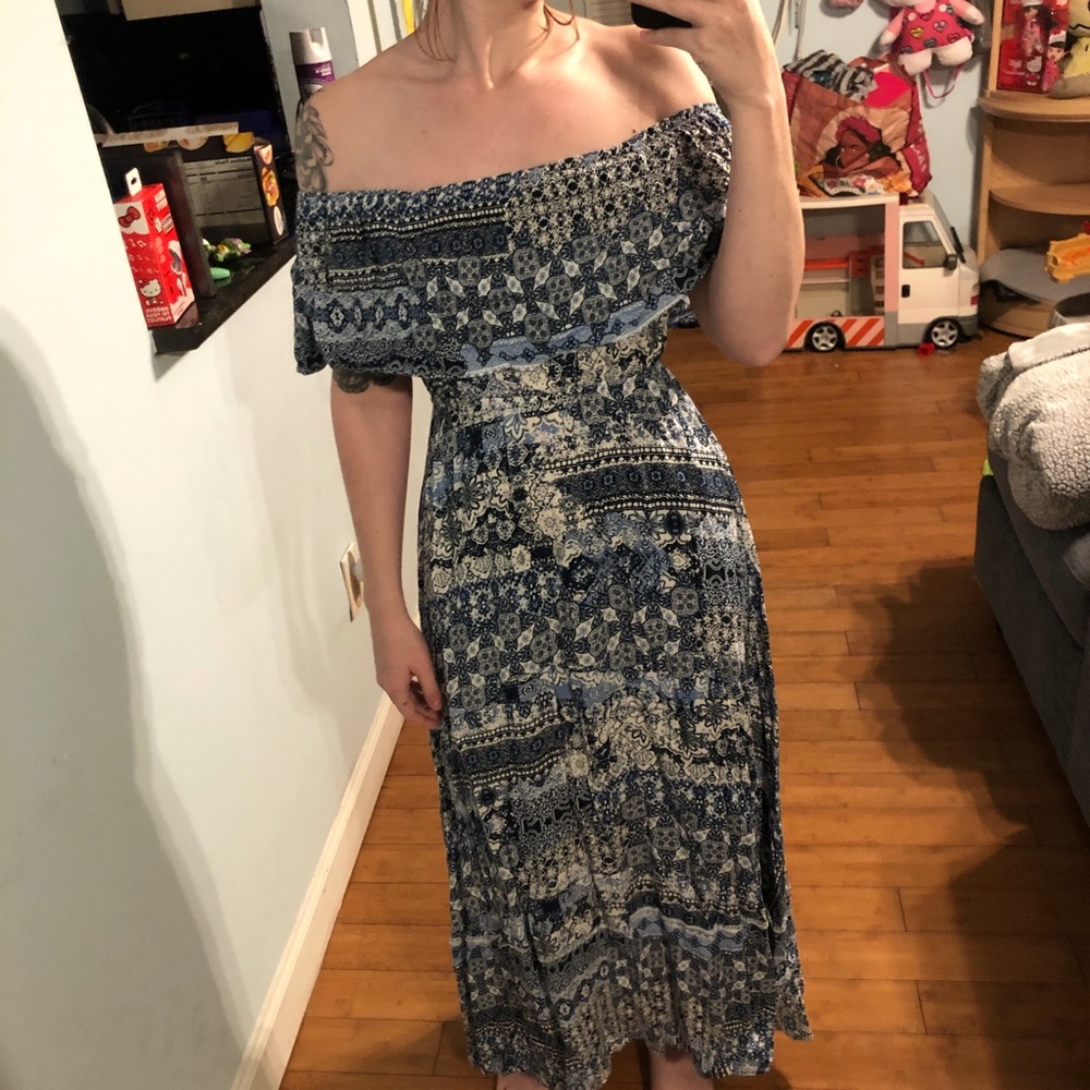 Miami blue and white off the shoulder midi dress